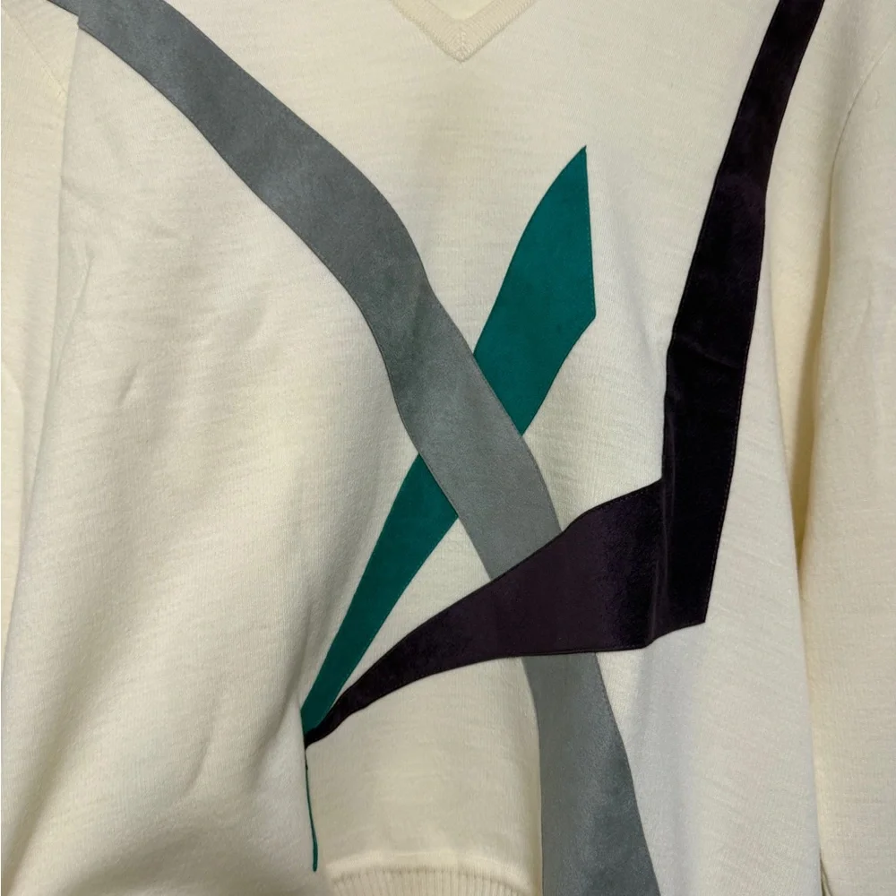 Vintage St. Croix Knits Cream V-Neck Sweater Velvet Appliqué Geometric 80s Sze L